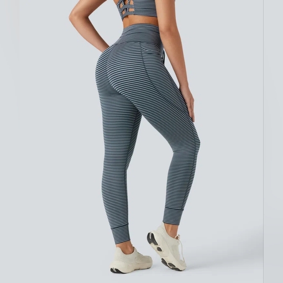 HALARA High Waisted Drawstring Striped Pocket Leggings Oceanic Teal NWT Medium - Picture 5 of 16